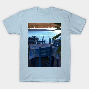 Scenic view on Mediterranean sea from Greek restaurant with blue chairs T-Shirt